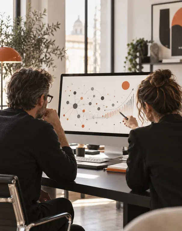 Strategisti digitali analizzano dati e connessioni della ricerca organica