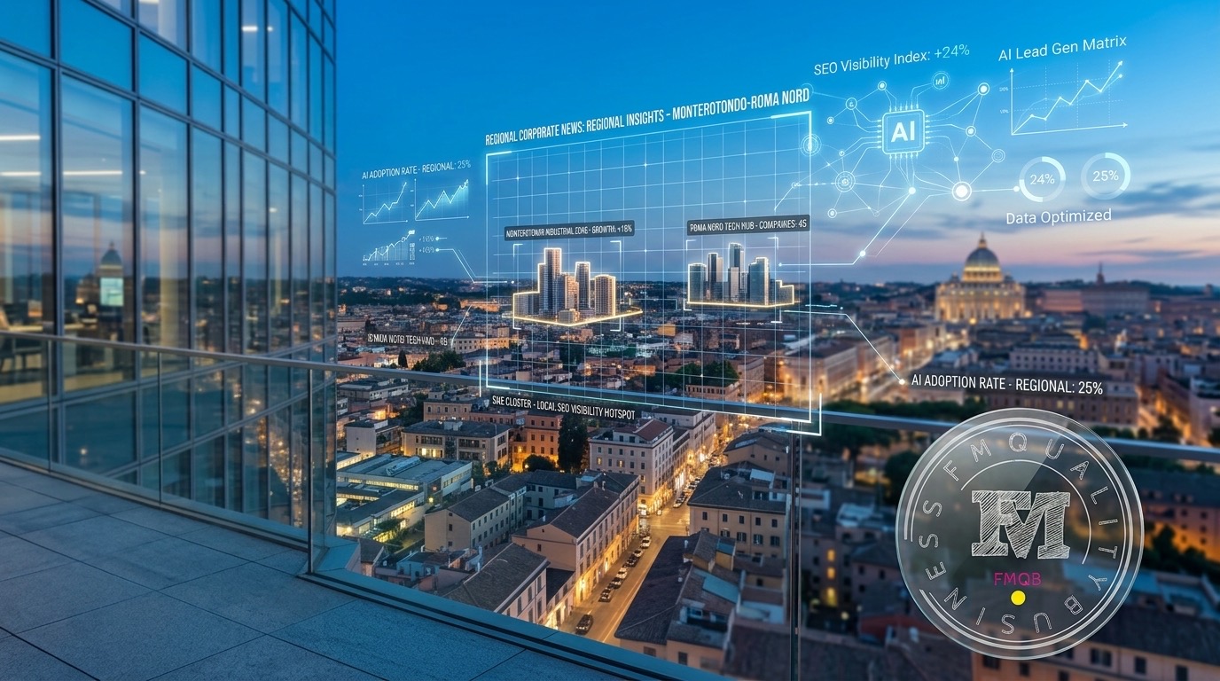 Panorama di Roma con grafici sulla visibilità SEO e sull’intelligenza artificiale sovrapposti e logo FMQB.