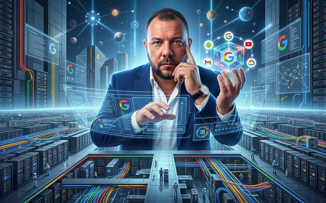 Uomo in un data center con interfacce digitali, loghi Google e connessioni che richiamano l’intelligenza artificiale.