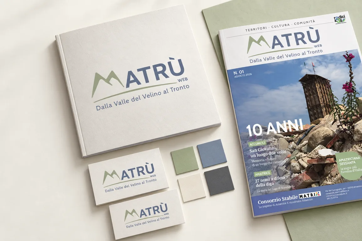 Identità visiva Matrù: marchio, biglietti da visita, palette cromatica e copertina della rivista