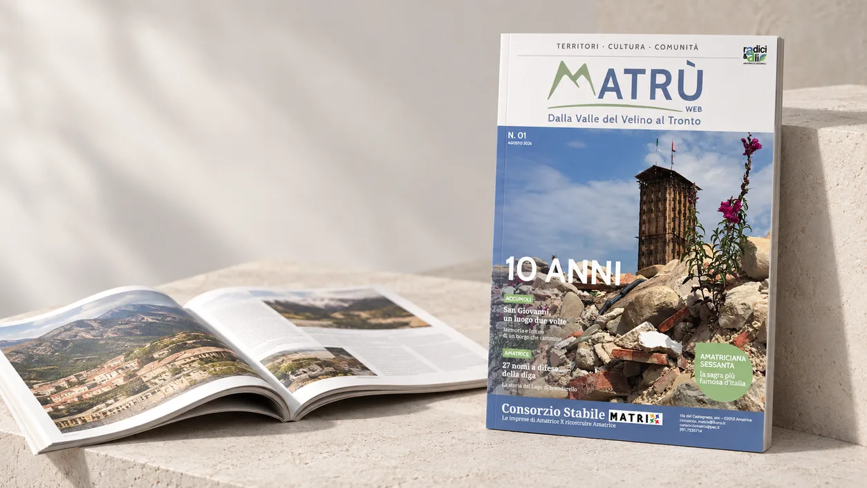 Rivista Matrù: copertina del numero 1 e doppia pagina interna sul territorio di Amatrice