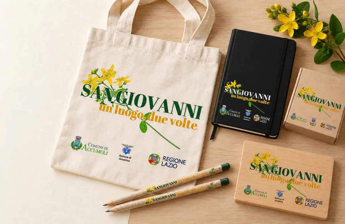 Brand San Giovanni, un luogo due volte con l'iperico: bag, taccuino Moleskine, matite piantabili, scatola e targa in legno
