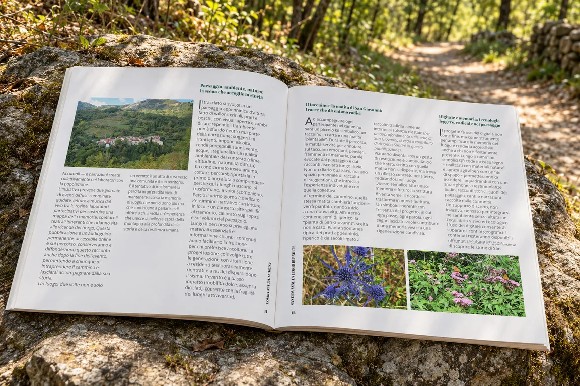 Doppia pagina interna della pubblicazione San Giovanni, un luogo due volte: testi, foto del paesaggio e della flora