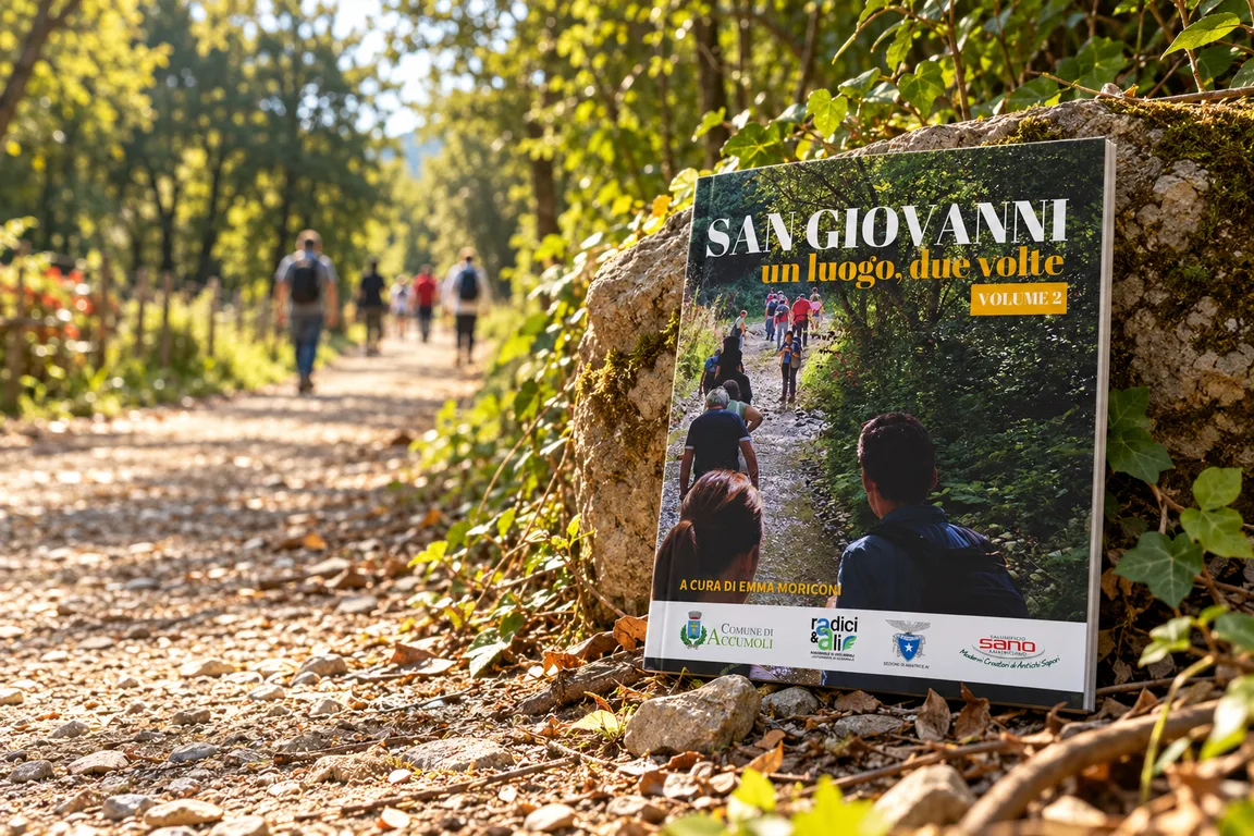 Volume 2 di San Giovanni, un luogo due volte (2026) sul sentiero, con escursionisti sullo sfondo