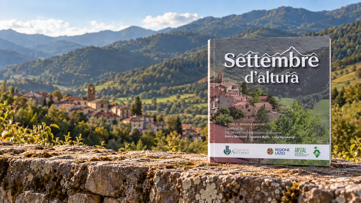 Copertina di Settembre d’Altura, volume del Comune di Accumoli con Regione Lazio e ARSIAL, davanti al paesaggio dell’Appennino reatino