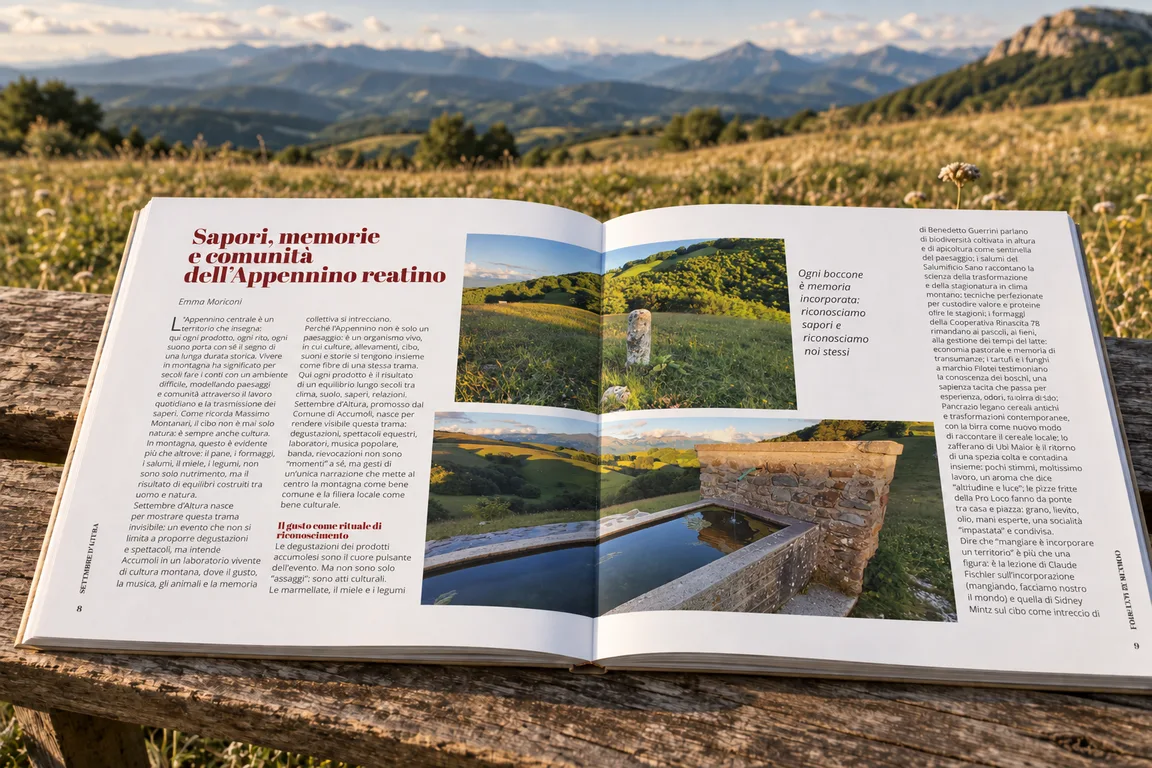 Doppia pagina di Settembre d’Altura: Sapori, memorie e comunità dell’Appennino reatino, con foto di pascoli e fontanili
